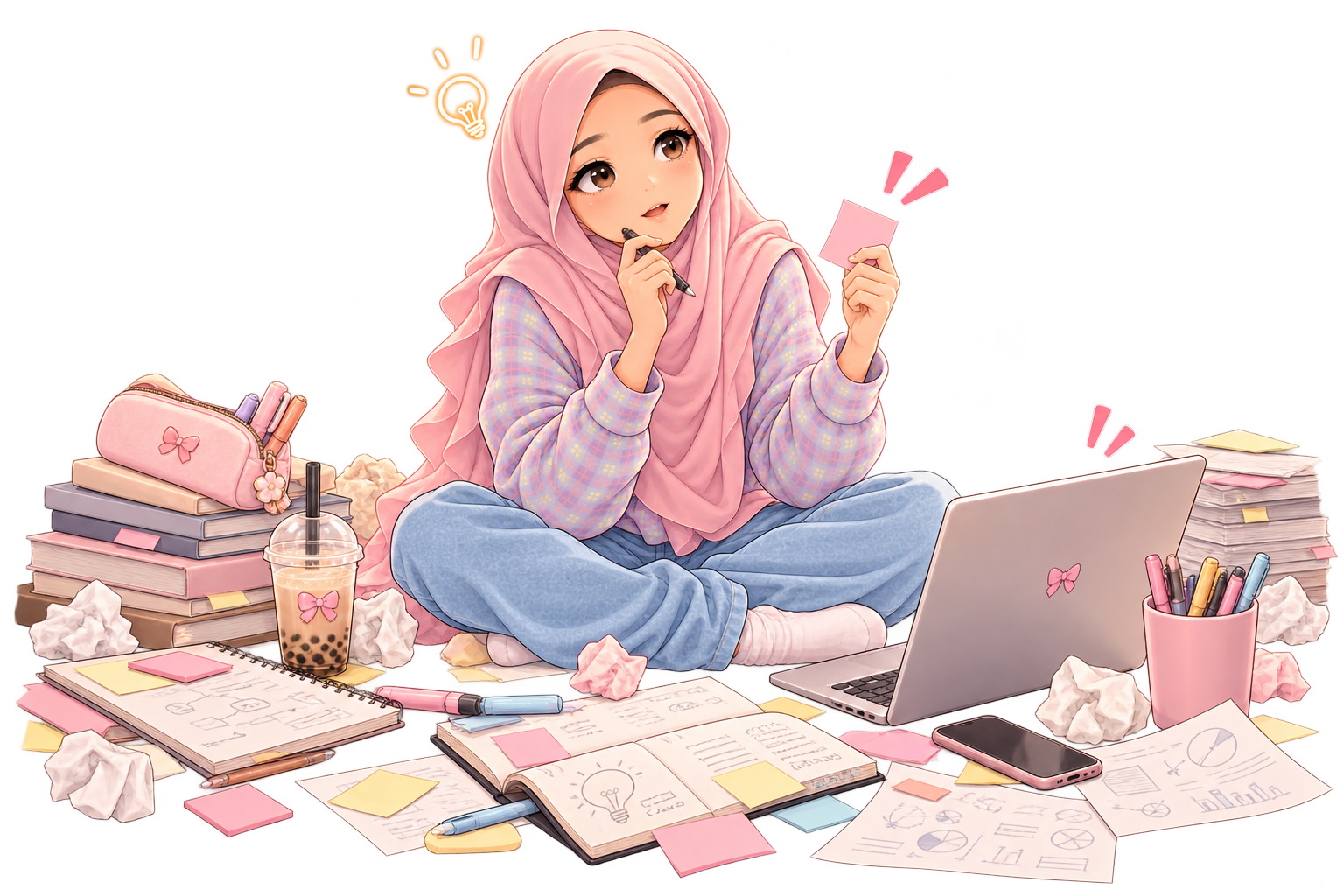 Illustration of Elena brainstorming ideas around her laptop and notes