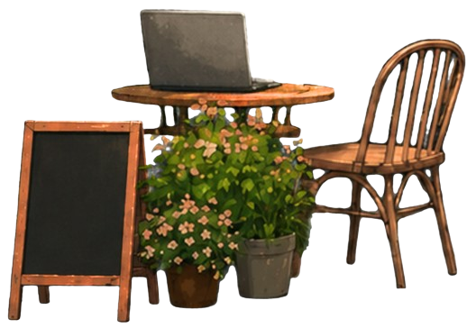 Illustration of a cozy cafe table, chair and plants