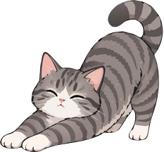 A relaxed tabby cat stretching