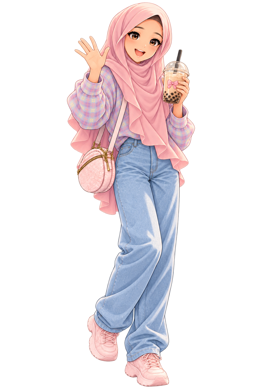 Illustration of Elena waving and holding a bubble tea
